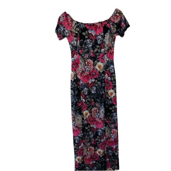 Black Pink Floral Bodycon Maxi Mesh Dress Spring Easter Long Pullover SZ M - Picture 6 of 10